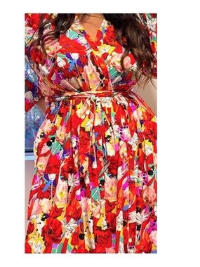 Vibrant Red Floral Wrap Dress